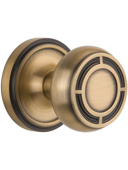Classic Rosette Door Set with Mission Knobs in Antique Brass.